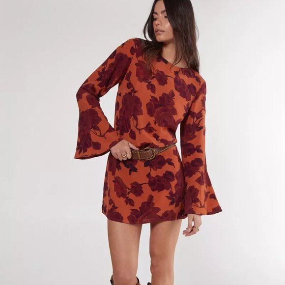 Nasty Gal Vintage Floral Fluted Sleeve Tie Back Tunic Mini Dress Rust Size US 10 - Picture 1 of 13